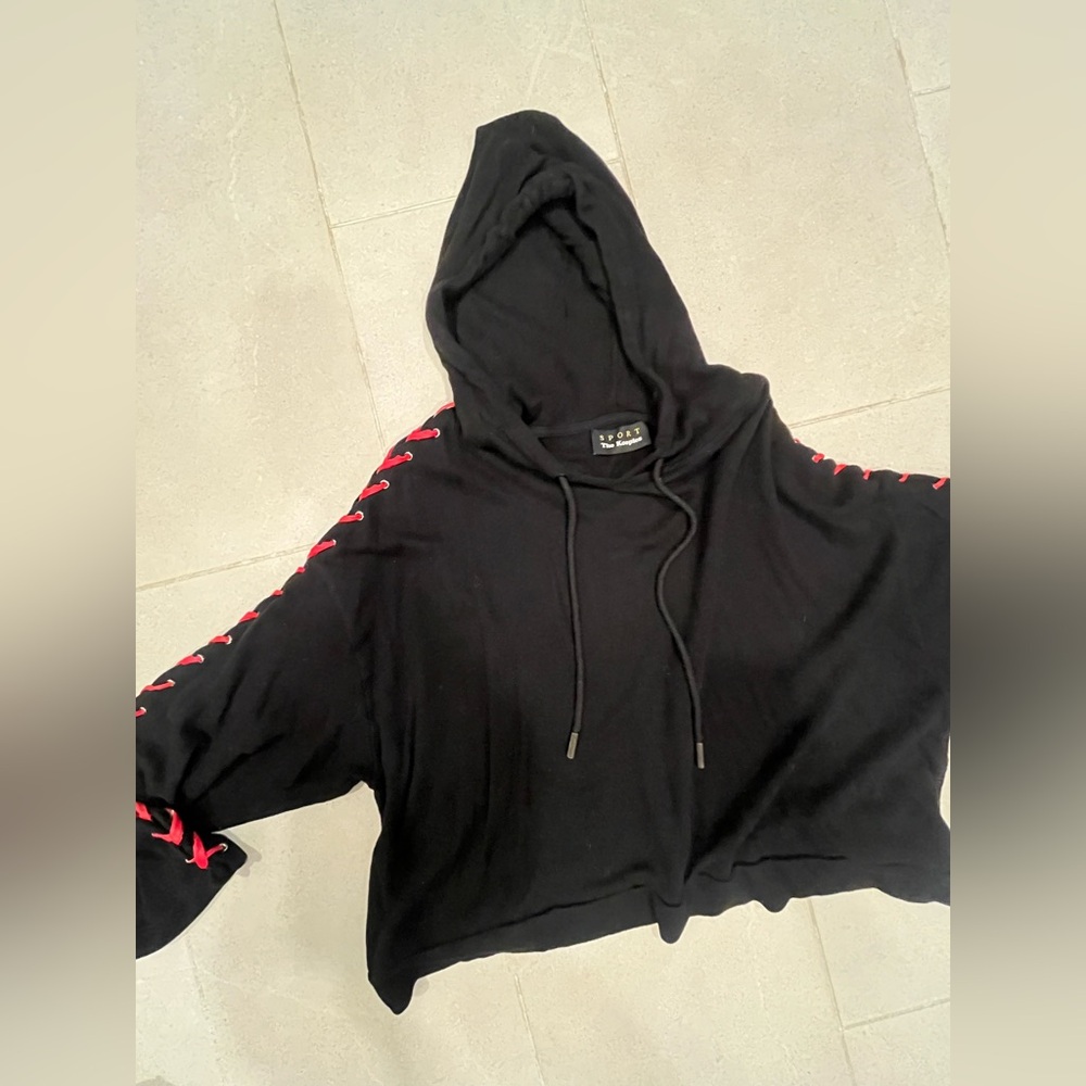 The Kooples Sport women’s black hoodie with red leather stitching down sleeves